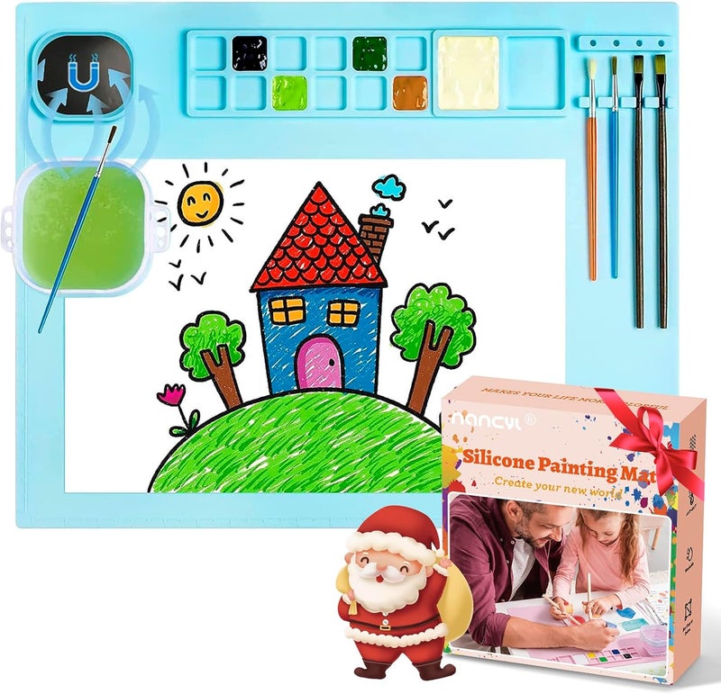 NancyL Silicone Art Mat with Cup, Painting Mat for Crafts Resin Casting, Artist Mat with Pen Holders for Kids Gift, Clay, DIY Creations and Play Doh, Christmas Gift for Kids (Blue) - Image 1